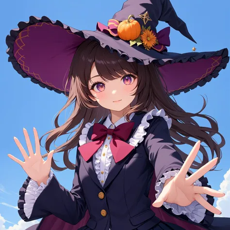 masterpiece,Perfect details,Authentic skin texture,beautiful detailed face,(((beautiful detailed hand,beautiful detailed fingers))),((beautiful detailed cloth)),((frilled)) school blazer,pleated skirt with ((frill)),(((cute girl))),((frill on the hem of the Jacket)),frilled witch hat,((((frilled))) witch cloak),