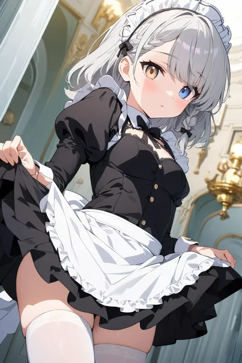 masterpiece, best quality, ultra-detailed, 8k, anime art style, illustration, 1girl, cowboy shot, looking at viewer, puffy lips, maid, maid apron, maid headdress, long sleeves, lace trim, frills, thighhighs, bow tie, indoors, mansion, small breasts, silver hair, (single braid), (heterochromia eyes), european architecture, detailed background, extremely detailed, beautiful face, beautiful eyes, perfect hands, perfect anatomy, dynamic angle