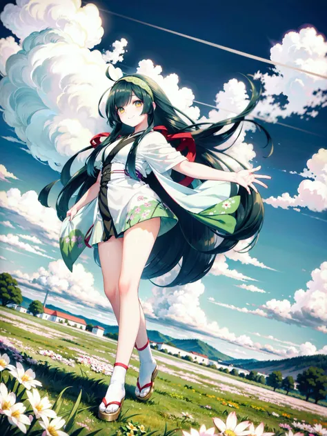 <lora:zunko7:0.75> zunko, short kimono, muneate, sandals, long hair, ahoge, hairband, full body, outdoors, field, grass, cloud, smile, looking at viewer, dynamic pose, <lora:GoodHands-vanilla:1>, socks, medieval,