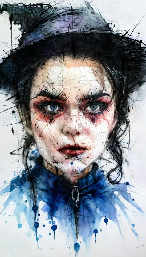 Scribble ,closeup Meeting of cute creepy halloween witch ,Scribble of a witch, halloween ,non-representational, colors and shapes, expression of feelings, imaginative, highly detailed . Mixture of watercolors and ink drawing style of Casey Baugh, an award-winning painting ,