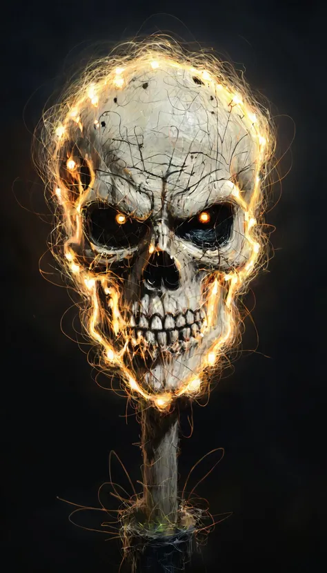 (Scribble:1.3) ,closeup Meeting of cute creepy halloween skull with glowing eyes, stuck on a stake ,Scribble of a cute skull, halloween, , . ,