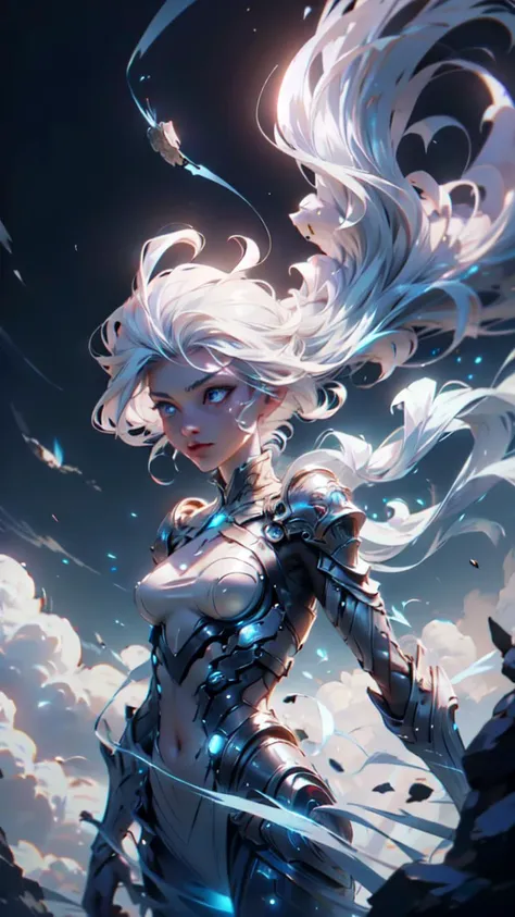 1girl, (glowing white hair), wearing a loose, thin, enchanted, white robe, flapping in the wind, floating in the air, casting a spell, strong wind storm <lora:TempestMagic:0.8> tempestmagic, fantasy, ethereal transparent, motionblur, <lora:attire_nakedbandage:0.8> excessive energy, tempest aura <lora:Perfect Hands:0.5>, official art, unity 8k wallpaper, ultra detailed, beautiful and aesthetic, High quality, masterpiece, best quality, <lora:040790-Y:0.7> 040790-Y, woman, medium breasts