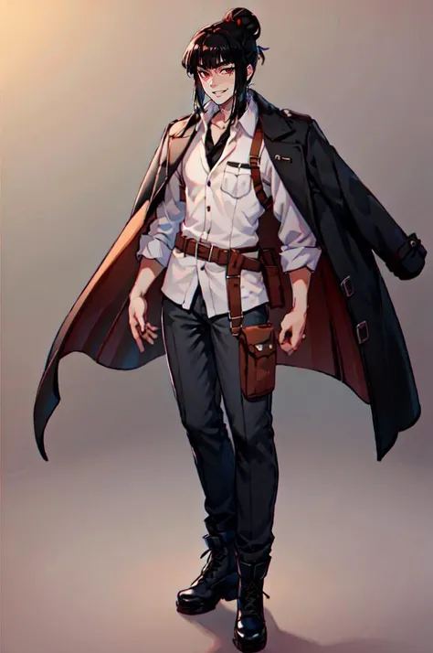 <lora:clay_Style:0.8>, ultra detailed, masterpiece, best quality, aesthetic, detailed,, solo, smug smile, 1boy, red eyes, <lora:Tsurime3:0.7>, (tsurime:1.2), black hair, undercut, top knot, parted bangs, long bangs, bangs, short hair, hair intakes, tall,, <lora:StS-Coat-and-Jacket-On-Shoulders-Iteration2:0.7> dataset, jacket on shoulders, (coat on shoulders:1.3), black coat, dress shirt, sleeves rolled up, fingerless gloves, holster, pants, belt, multiple belts, combat boots, bulletproof vest, tactical clothes,