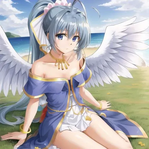 masterpiece, best quality, <lora:Hayate:0.5>, hayate ayasaki, solo, boy, long hair, blue eyes, blue hair, ponytail, goddess dress, necklace, gold necklace, bracelets, gold bracelets, gloves, blue gloves, fingerless gloves, scrunchie, white scrunchie, barefoot, flat chest, angel, wings, white wings, angel wings, outdoors, grass, day