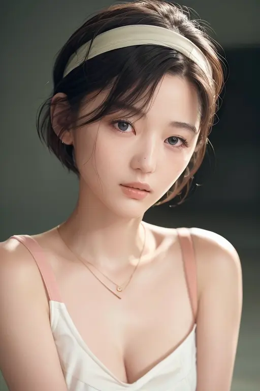 fashion photography portrait of 1girl, offshoulder, fluffy short hair, in the dark, shadow, low key, (photorealistic, raw photo:1.2), (natural skin texture, realistic eye and face details), hyperrealism, soft light, rim light, ultra high res, 4K, Best quality, masterpiece, necklace, (cleavage:0.8), headband