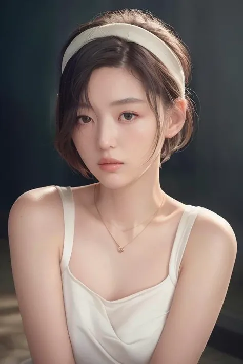fashion photography portrait of 1girl, offshoulder, fluffy short hair, in the dark, shadow, low key, (photorealistic, raw photo:1.2), (natural skin texture, realistic eye and face details), hyperrealism, soft light, rim light, ultra high res, 4K, Best quality, masterpiece, necklace, (cleavage:0.8), headband