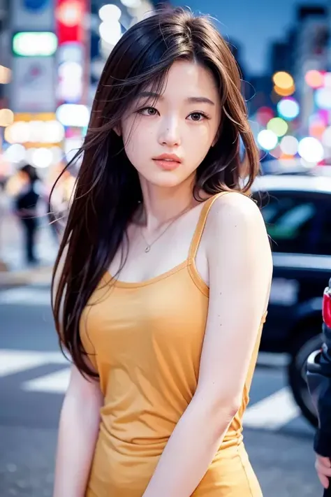 1girl, Tokyo street,night, cityscape,city lights, upper body,close-up, 8k, RAW photo, best quality, masterpiece,realistic, photo-realistic, parted bangs, long hair,front cover