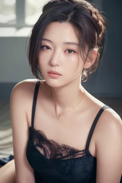 fashion photography portrait of 1girl, offshoulder, fluffy short hair, in the dark, shadow, low key, (photorealistic, raw photo:1.2), (natural skin texture, realistic eye and face details), hyperrealism, soft light, rim light, ultra high res, 4K, Best quality, masterpiece, necklace, (cleavage:0.8), headband