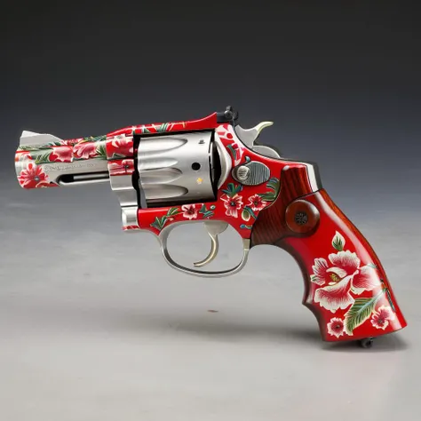 A realistic style depiction of a revolver, intricately graffitied with patterns of red flowers, placed within a display case. The detailed craftsmanship of the floral designs contrasts sharply with the metallic sheen of the gun, highlighting its unique artistry. The display case is made of polished wood with a glass cover, allowing the viewer to appreciate the revolver's adorned beauty from all angles. The lighting inside the case accentuates the vivid red of the flowers and the gleaming surfaces of the firearm, creating a striking visual piece that blends violence with beauty., <lora:haka_flower:0.8>