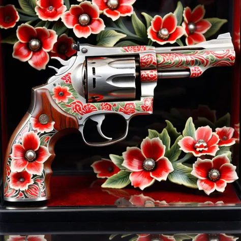 A realistic style depiction of a revolver, intricately graffitied with patterns of red flowers, placed within a display case. The detailed craftsmanship of the floral designs contrasts sharply with the metallic sheen of the gun, highlighting its unique artistry. The display case is made of polished wood with a glass cover, allowing the viewer to appreciate the revolver's adorned beauty from all angles. The lighting inside the case accentuates the vivid red of the flowers and the gleaming surfaces of the firearm, creating a striking visual piece that blends violence with beauty., <lora:haka_flower:0.8>