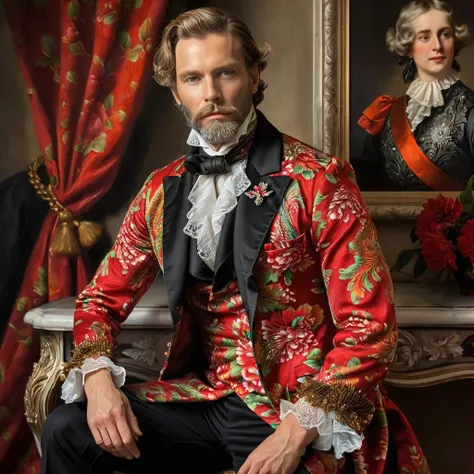 Create an oil painting of a European period gentleman adorned in opulent attire featuring red floral patterns. Capture the elegance and detail of his refined dress, emphasizing the rich textures and vibrant colors of his garment. His posture exudes nobility and grace, with a subtle background that complements the era's artistic style, focusing on the intricate designs and luxurious fabric of his outfit, <lora:haka_flower:0.8>