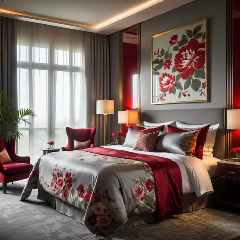 Create an image in a realistic style featuring a luxurious hotel room with gray walls. The room is elegantly furnished, highlighting a bed with a sophisticated red floral pattern on the bedding. The focus is on the rich textures of the materials, capturing the plush comfort and refined atmosphere of a high-end accommodation. Natural light filters through sheer curtains, enhancing the room's serene and welcoming ambiance, <lora:haka_flower:0.8>