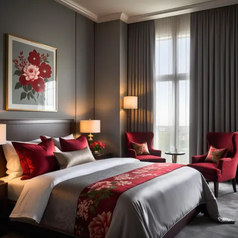 Create an image in a realistic style featuring a luxurious hotel room with gray walls. The room is elegantly furnished, highlighting a bed with a sophisticated red floral pattern on the bedding. The focus is on the rich textures of the materials, capturing the plush comfort and refined atmosphere of a high-end accommodation. Natural light filters through sheer curtains, enhancing the room's serene and welcoming ambiance, <lora:haka_flower:0.8>