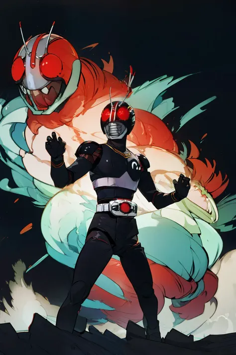Kamen_Rider_Black,male focus,belt,armor,helmet,antennae,tokusatsu,glowing eyes,glowing rider belt,masterpiece,best quality,absurdres,beautiful,night,city,battle stance,<lora:Kamen_Rider_Black-10:1>,cowboy shot,explosions and smoke,