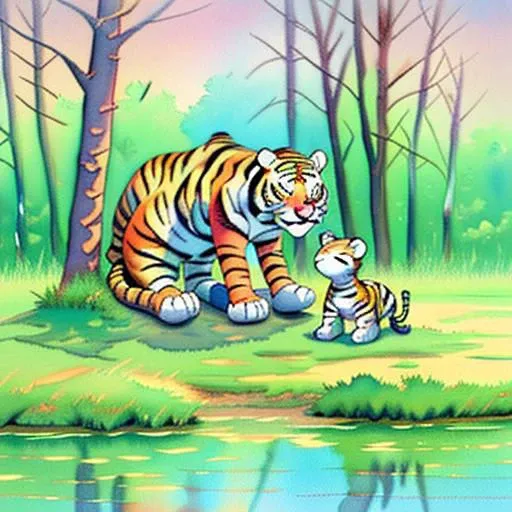 Watercolor. Stuffed toy tiger. Calvin and Hobbes style. SItting on the ground. Use a watercolor textured paper.