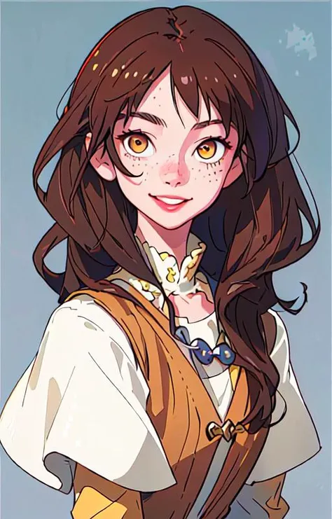 (masterpiece), (best quality), ultra high resolution, extremely detailed CG, original, teenager, freckles, medieval clothes, brown hair, yellow eyes, smiling shyly, skinny, young, simple background, upper body, looking at viewer