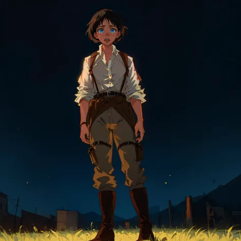 ((best quality)), ((masterpiece)), (high res), (ultra-detailed), (intricate detail), (hyper detailed), (1girl), white button up shirt, black chinos, black belt, medium length hair, black hair, deep blue eyes, brown double strap harness belt, black boots, colourful, vivid colours, (crying), standing up, (wide angle shot), looking at viewer, cinematic lighting, small town scenery, (Attack On Titan Anime Style),