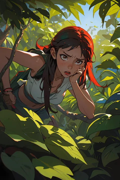 (best quality, masterpiece1.2), (detailed eye:1.2), complex detail, depth of field, 1girl, jungle, crop top, angry, sweat, brownhair, exploration, embarrassed, backpack, tomb raider inspiration, lara croft, gun