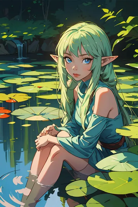 (best quality, masterpiece), 1girl, fairy, elf, looking at viewer, in water, pond,