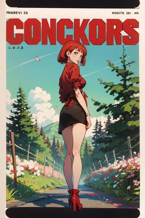 (comic cover:1.4),masterpiece, best quality,4girl,young girl, plum_pie eyes, brown, choppy bob,envious _face,shiny skin,medium breasts,nice leg line:1.3,thick thighs, thin waist,lolita_dress,red color high heels, pathway_lined_with_blooming_cherry_blossom_trees,((looking at viewer:1.5)),from behind:1.3,full body