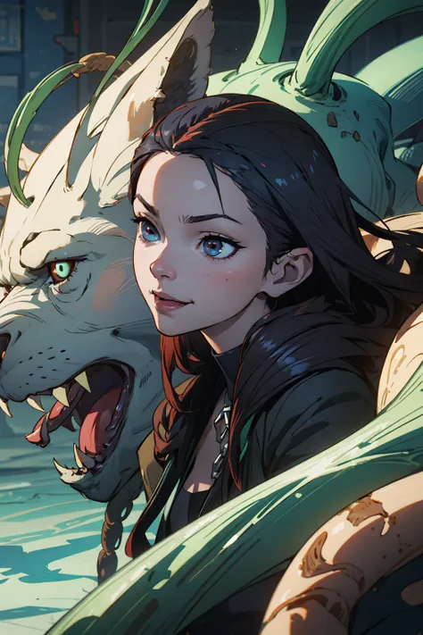 absurd, highres, ultra detailed, moody lighting, quiet, calm, brightness, masterpiece, best quality, 1girl, dark fantasy movie of the 90s yet, menacing dragon next door