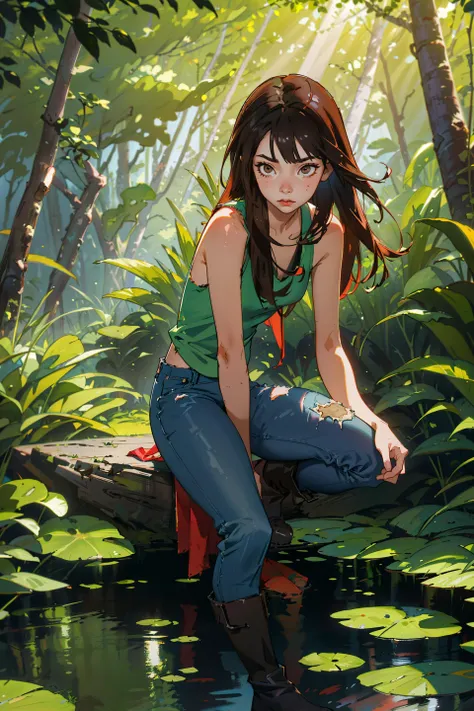 (masterpiece), (best quality), 1 young Asian woman, (long dark hair:1.4), dark brown eyes, wearing a stained tank top, damaged jeans pants, boots, survivor on a tropical forest, small pond, plants, vegetation, forest, colorful, sun rays through the trees, tired, dirty clothes, stained clothes,