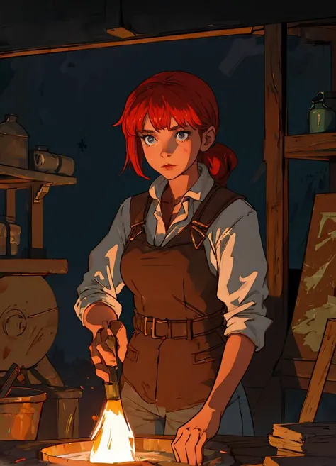 1girl, curtsying in rural forge, solo