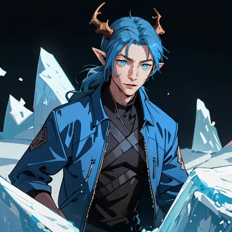 (best quality, masterpiece), 1boy, happy, blue_eyes, blue_hair, blue jacket,dragon horns, pointy_ears, solo, upper_body, ice