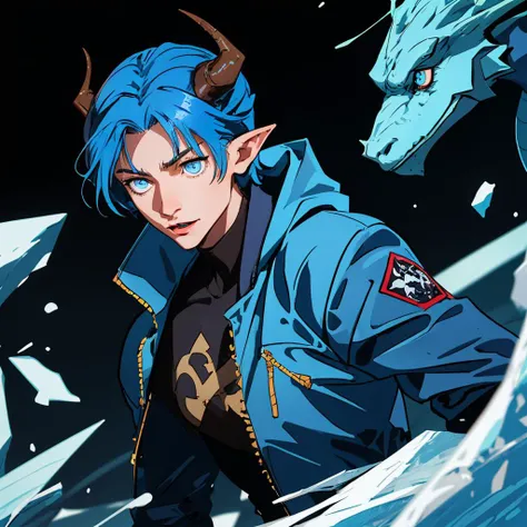 (best quality, masterpiece), 1boy, happy, blue_eyes, blue_hair, blue jacket,dragon horns, pointy_ears, solo, upper_body, ice