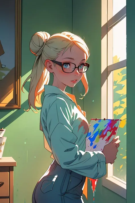 (best quality, masterpiece), 1girl painting a picture, dappled sunlight, indoors, hair bun, glasses, paint splatter, shy,