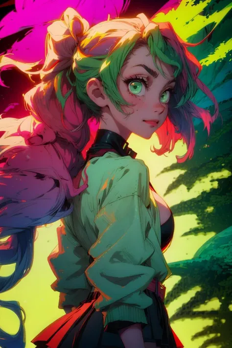 masterpiece, (ultra detailed background, delicate pattern, intricate detail), (highly detailed, fine details), best quality, beautiful lighting, absurdres,<lora:DetailTweaker:0.5>, 1girl, solo, smile, long sleeves, looking at viewer, japanese clothes, medium-small breasts, haori, cleavage, closed mouth, ((jacket, skirt, belt, black skirt, pleated skirt, thighhigh, from behind, showing ass)), green thighhighs, zettai ryouiki, <lora:Mitsuri1:1>, <lora:DetailTweaker:0.3>, (two-tone hair, pink hair, green hair, wide hips, slim girl), green eyes, (forest path background, complex detailed background), (wind lift, skirt lift), <lora:BeautifulDetailedEyes:1>