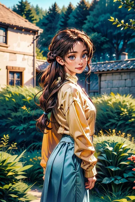 a cute girl,20 yo,Gray eyes, blonde Long Braided Updo Hairstyle, European, wearing (Bright Yellow)|(blue) Midi skirt and a turtleneck sweater, at A secluded, overgrown garden with a crumbling, gothic-style gazebo, back view, during Twilight,Cinematic lighting , ((masterpiece)), (best quality), (highres), original, extremely detailed 8K , (photorealistic:1.4),flawless face, perfect eyes,symmetrica body shape,smile,<lora:add_detail:0.8> <lora:ymimi_v1:0.8>