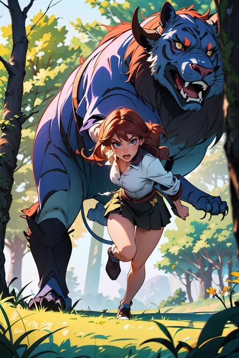 best quality, masterpiece, photo realistic, intricate details, raw photo, photon rendering, octane render, absurdres, ultra detailed, detailed face, detailed skin, trending on artstation,8k masterpiece,cinematic lighting,In the dark forest, a charming and dazzling woman is facing a huge, ferocious and huge beast, and is fighting fiercely with it. The woman's long hair is fluttering, and the grass under her feet is messed up by the fierce confrontation between her and the beast. The scene is very thrilling