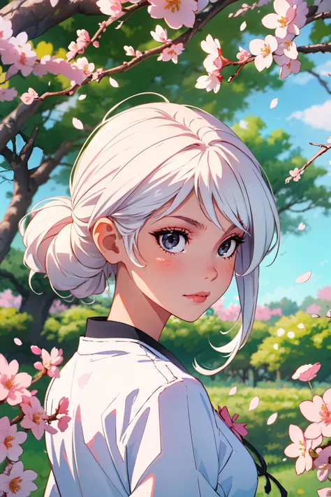 masterpiece, best quality,
1girl, solo,
cherry blossoms,
hanami, pink flower, white flower, spring \(season\), wisteria, petals, flower, plum blossoms,
outdoors, falling petals,
white hair, black eyes,