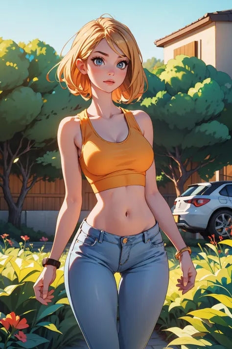 1girl, hourglass figure, blond, skinny jeans, tank top, golden hour, backyard <lora:Squeezer2:-0.5>
