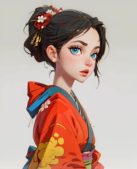 (masterpiece, best quality:1.2), (best quality, masterpiece), An anime female character with long black hair and blue eyes. She is dressed in an intricate, elaborate kimono with red and white floral designs. The kimono is adorned with gold accents and has layers of ruffles and folds that convey the character's elegance and grace. The character stands tall and elegant, with a calm, poised and dignified demeanor. The character's face is drawn in detail with smooth, flawless skin, detailed eyes and small pink lips. The character is meant to portray an ideal of beauty and elegance, and her design is meant to be striking and memorable. <lora:stylized_3dcg_v4-epoch-000012:0.7>