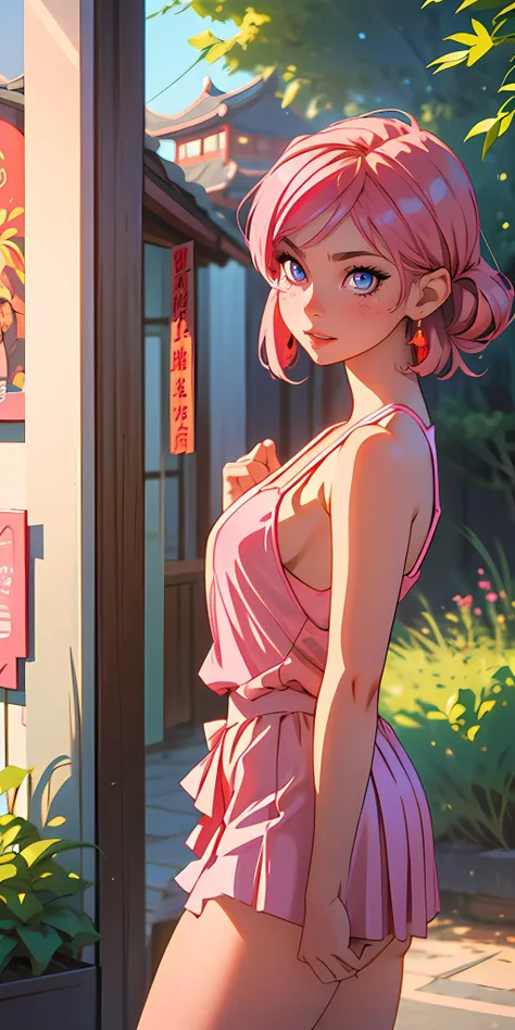 realistic, 1girl, seductive pose, makeup, chinese girl, parted lips, blush, ( short skirt),tank top, naughty smile, east asian architecture, sun, sunlight, reflection, hair ornament,bust shot, pink hair, (medium breasts), milf, negligee