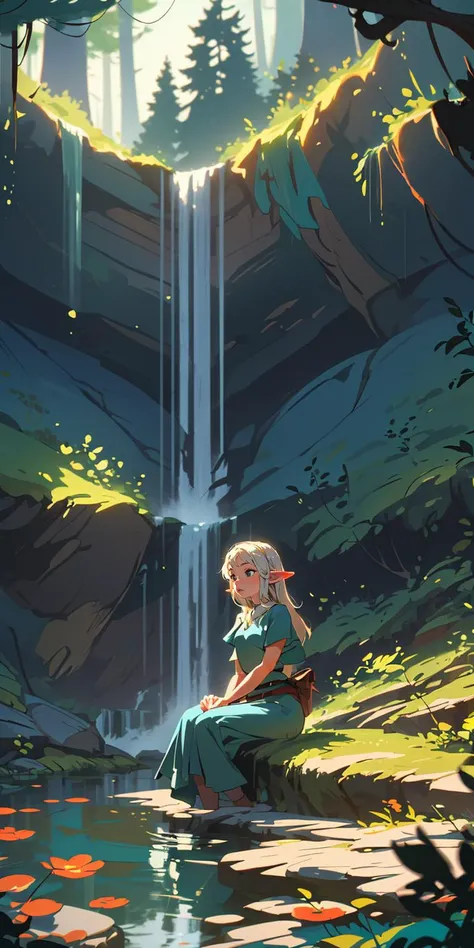 (masterpiece, best quality), 1girl, sitting, elf, pond, in water, deep forest, waterfall, looking away, blurry, cave, solo