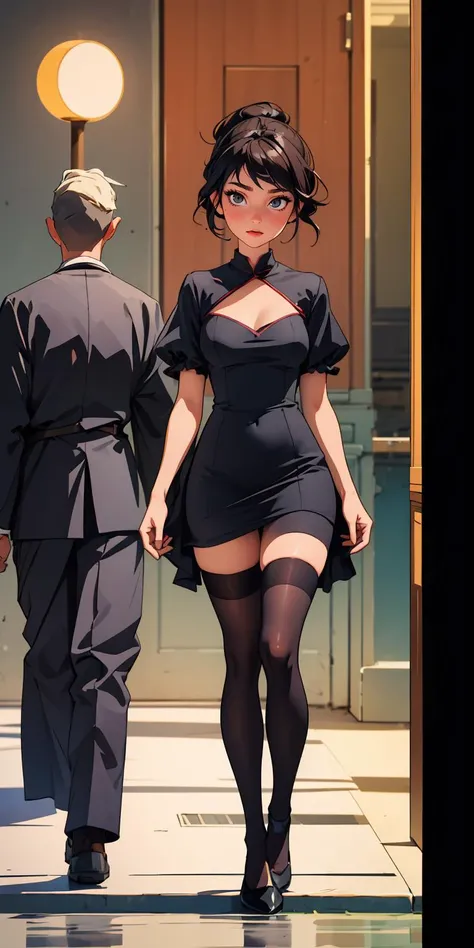 ((masterpiece,best quality anime,Highest quality:1.3)),realistic,cowboy shot,Mature Beauty,独奏,1woman,((very small head:1.3)),ideal ratio body proportions,tan skin,brown hair,bangs,straight long hair,gorgeous eyes,brown eyes,shy,(Naked with a black formal jacket、navel、Black leather collar、Black tight mini skirt),((slender body,skinny,toned body)),small breasts,sweat,gleaming skin,shiny skin,on street,Shinjuku、Modern Tokyo、