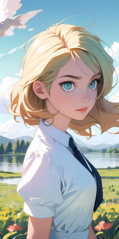 (best quality, masterpiece), (best illustration, artist, designer, image, prompt v2)(eye details, eye details, details:1.5),(angelic face, cute, amazing, sweet, cute kawaii), (1 girl) wearing pretty dress, white with ruffles, pearly green eyes, fair skin, backdrop of lake with blue sky and white clouds, short blonde hair, straight in the wind, (HDR (realistic:1.20), best realistic)).
<lora:addDetailed:0.2>, <lora:add_details:0.4>, <lora:more_detail:0.5>