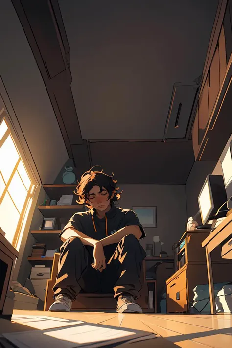 (masterpiece, best quality), bushy-haired, tired, man, monitor, sitting, room, from below,