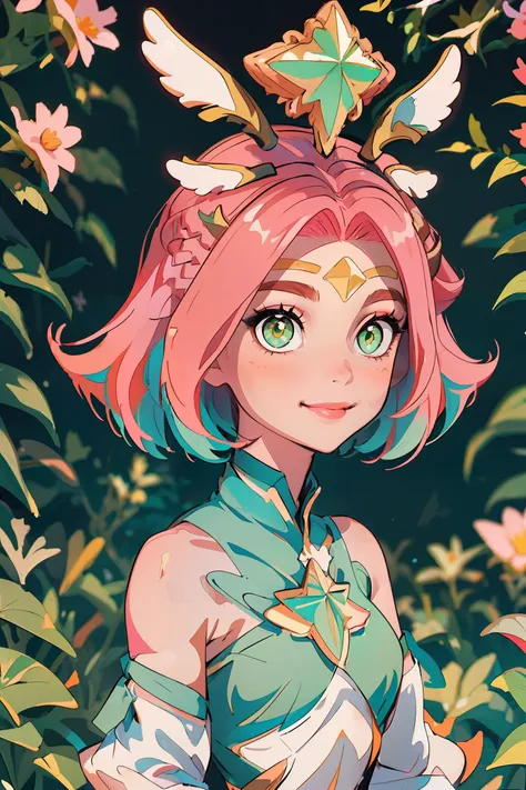 shadowatnoon, (best quality, masterpiece), <lora:shadowatnoon_v12-05:0.1>, <lora:shadowatnoon_v7-13:0.1>, star guardian, 1girl, pink hair, green eyes, hair ornament, looking at viewer, short hair, solo, blurry background, upper body, bare shoulders, cute, seductive smile, makeup