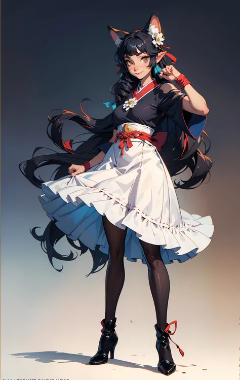 2d, comic, toon,  wide image, art,  body, 
1girl,  fantasy, (fox tail1.1), (fox ears:1.4), corruption, photo, film grain,  hair flower, hair ribbon,  nervous smile, mature , sex, very long hair,  bangs, 
tattoo, 
white-pantyhose, pointy footwear, high heel boots, thai clothes, 
indoors, pose, 
