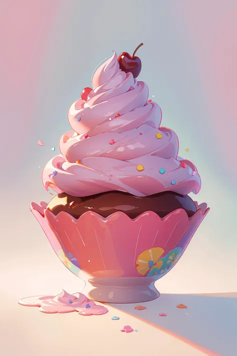 (masterpiece:1.1), (highest quality:1.1), (HDR:1.0), (ultra-detailed), cupcake, rainbow sprinkles, photograph, decorated, cherry-on-top, pink chocolate drizzle, food photography