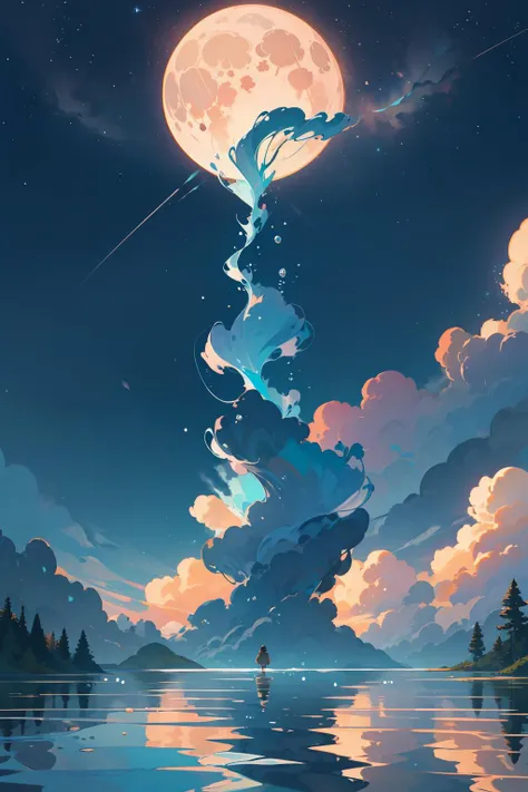 masterpiece, best quality, extremely detailed cg unity 8k wallpaper, scenery, no humans, bubble, sky, nature, tree, star (sky), blue theme, forest, night, outdoors, signature, starry sky, night sky, cloud, air bubble, underwater, artist name, water, fantasy, moon, cloudy sky, water drop, blue sky, planet, reflection, sunlight, light rays, blurry, light particles