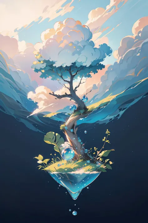 masterpiece, best quality, extremely detailed cg unity 8k wallpaper, scenery, no humans, bubble, sky, nature, tree, star (sky), blue theme, forest, night, outdoors, signature, starry sky, night sky, cloud, air bubble, underwater, artist name, water, fantasy, moon, cloudy sky, water drop, blue sky, planet, reflection, sunlight, light rays, blurry, light particles