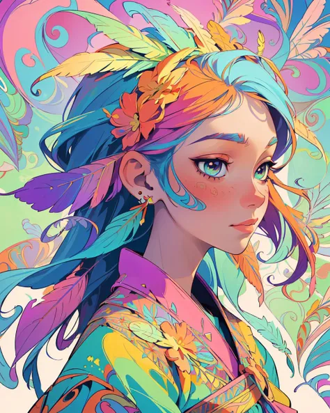(masterpiece, top quality, best quality, official art, beautiful and aesthetic:1.2), (1girl:1.3), extremely detailed, (fractal art:1.1), (colorful:1.1), (flowers:1.3), highest detail, (zentangle:1.2), (dynamic pose), (abstract background:1.3), (many colors:1.4), (earrings), (feathers:1.3)