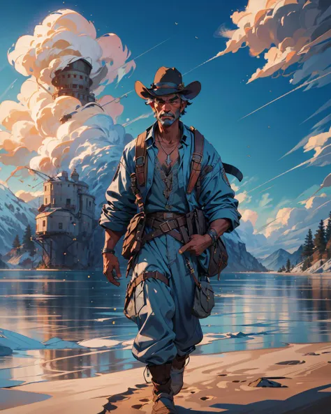 (masterpiece:1.1), (highest quality:1.1), (HDR:1.0), a portrait of an old coal miner in 19th century, (1 man:1.2), (high resolution uncompressed raw photo:0.8), (best quality), cowboy shot, popular on artstation, warm vibrant color palette, sandy beaches, highly detailed, walking, cloudy sky, ultra high res, a portrait, robotic, green, light yellow, northern warrior, blue sky, necklace, filigree, vanishing point, (intricate details), fantasy00d