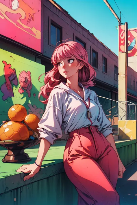 art by Peter Mohrbacher, anime key visual, morbidly obese mature woman, Playing Football, wearing Rayon Pink Baggy Pants, relaxing pose, [Wretched:1920'S:14] Honey hair, dense cityscape, Sunny, Hyperrealism, Neon Light, macro lens, Hypersaturated, photolab, pixiv, absurdres, high quality,  <lora:add_detail:0.8>