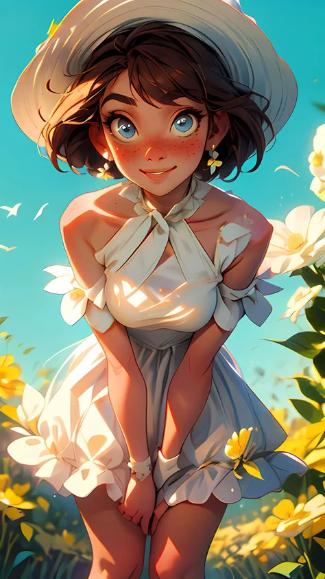 ((best quality)), ((masterpiece)), (detailed), 1girl, cute smile, blush, freckles, serene, garden, bent over, smelling flowers, brown hair, blue eyes, white sunhat, holding dress, ((yellow sundress)), <lora:beautiful_detailed_eyes:0.9>, <lora:add_detail:1.0>